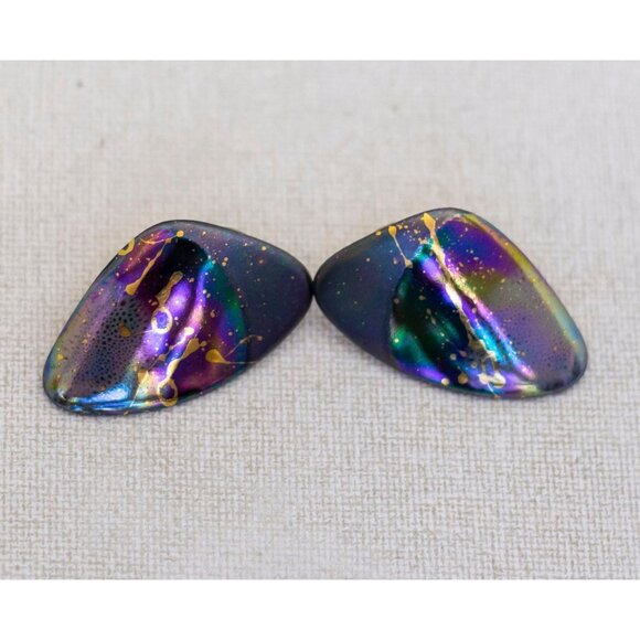 Vintage Rainbow Iridescent Ceramic Stud Earrings - K1 - Picture 1 of 3